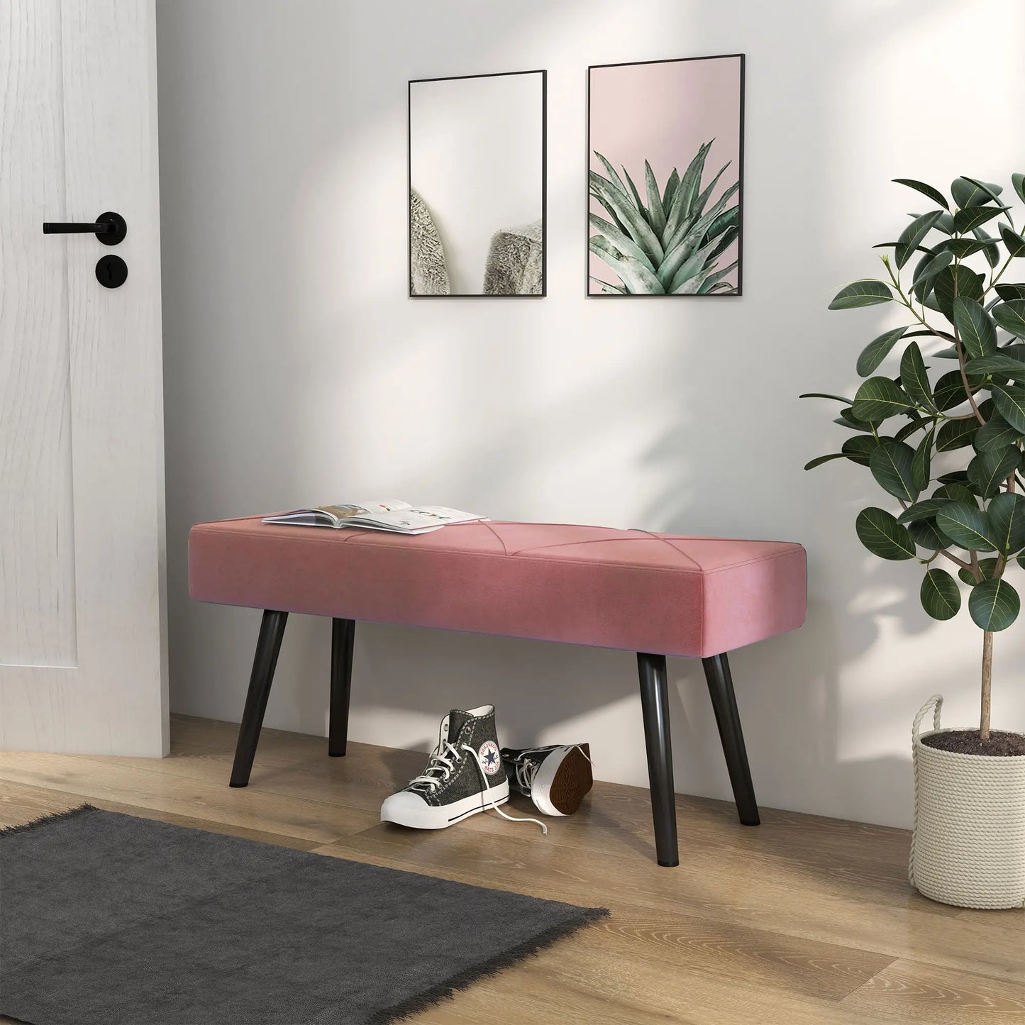 39 Inches Upholstered Bedroom Bench, Modern, Steel Legs, Pink Storage Ottomans & Benches at Gallery Canada
