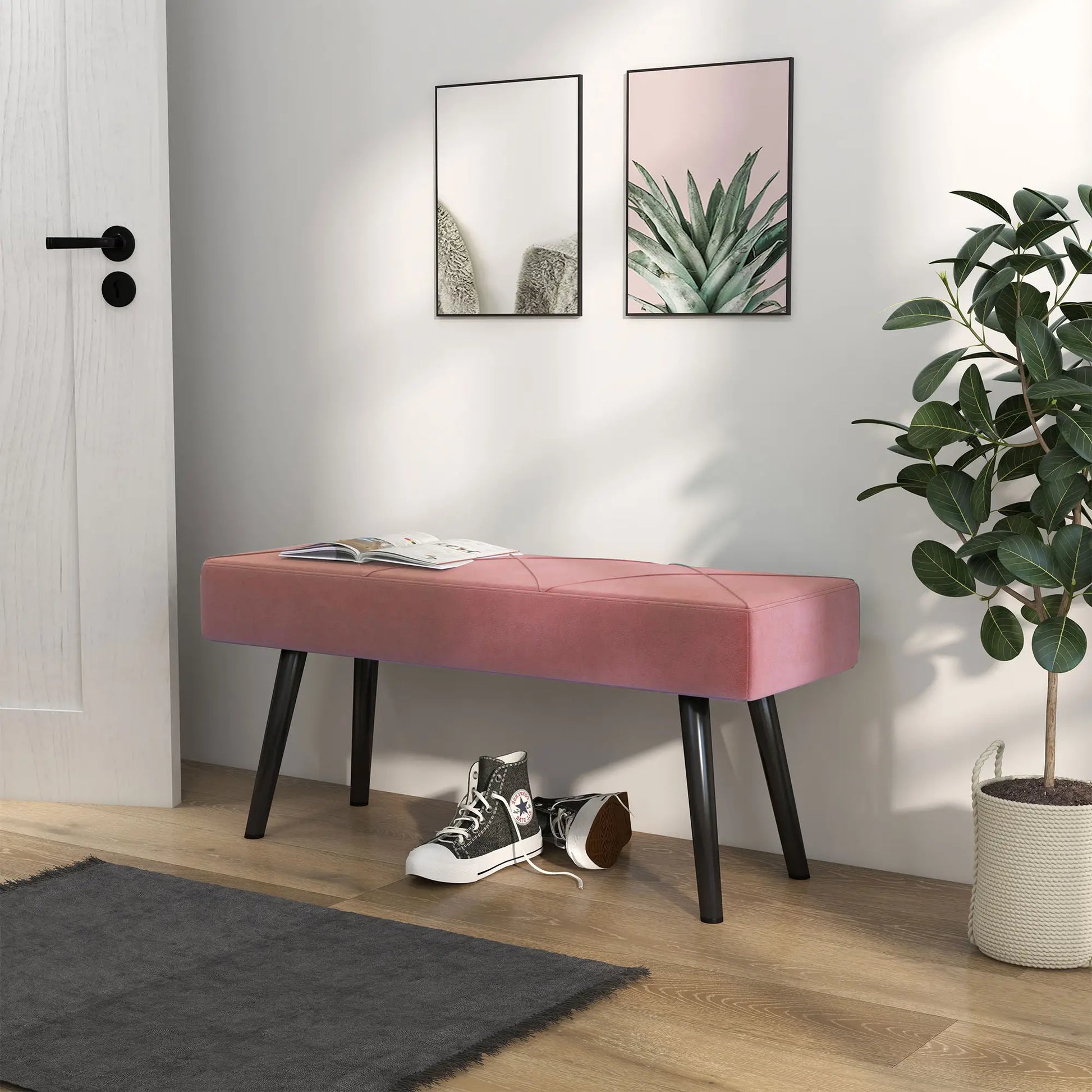 39 Inches Upholstered Bedroom Bench, Modern, Steel Legs, Pink Storage Ottomans & Benches at Gallery Canada