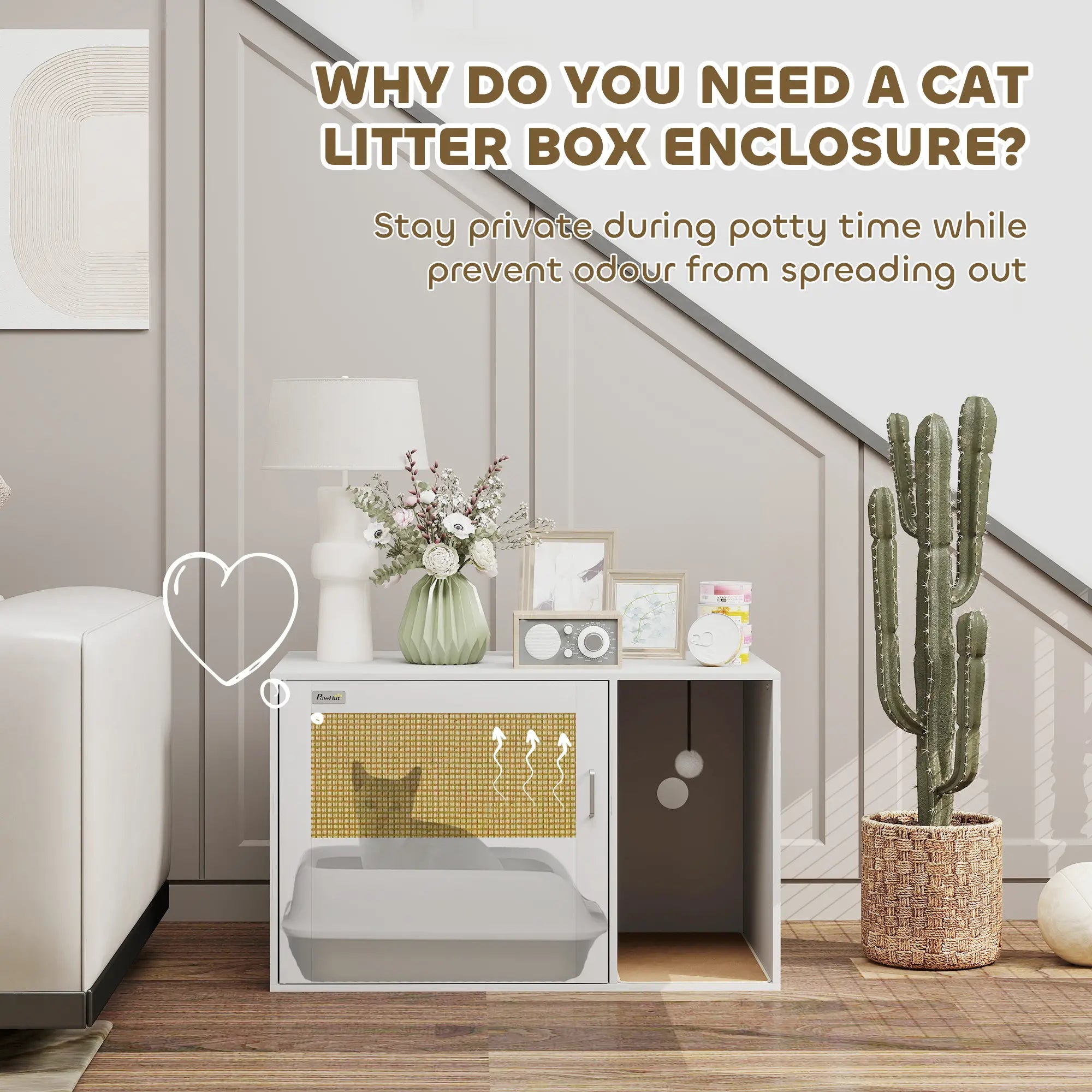 Cat Litter Box Enclosure, End Side Table with Rattan Door, Scratching Pad, White Cat Litter Box Enclosures at Gallery Canada