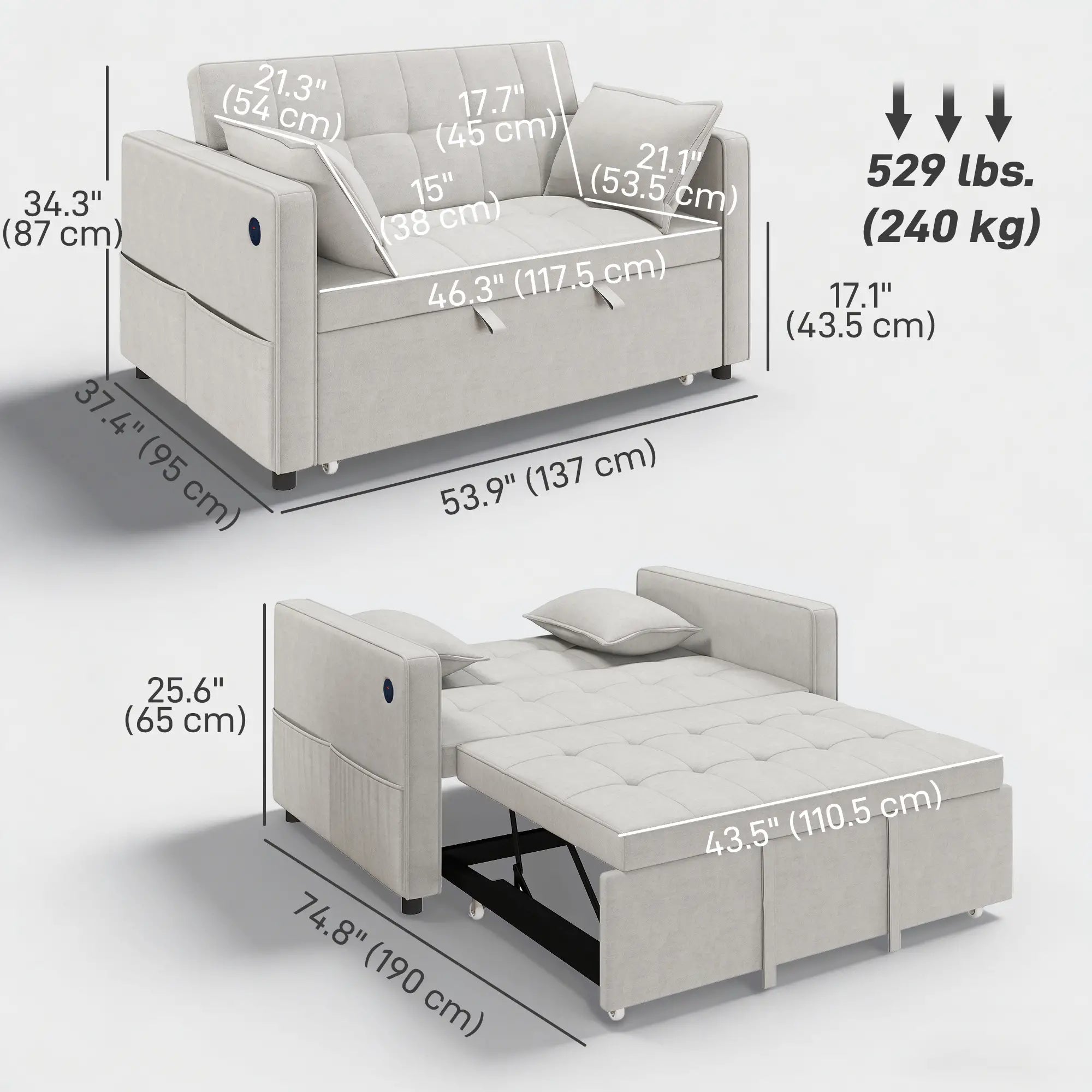 3-In-1 Convertible Sofa Bed, Pull Out Sleeper, Adjustable Backrest, Beige 2-Seater Sofas at Gallery Canada