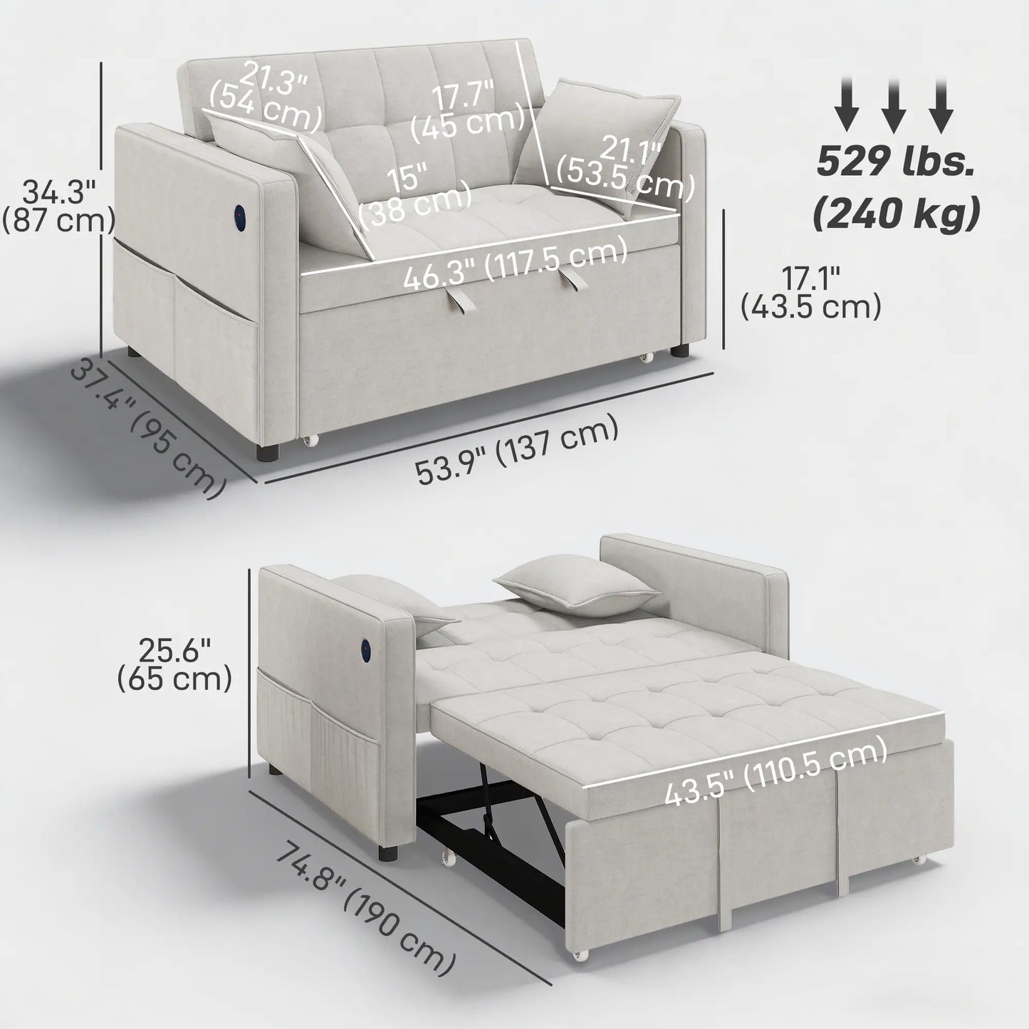 3-In-1 Convertible Sofa Bed, Pull Out Sleeper, Adjustable Backrest, Beige 2-Seater Sofas at Gallery Canada