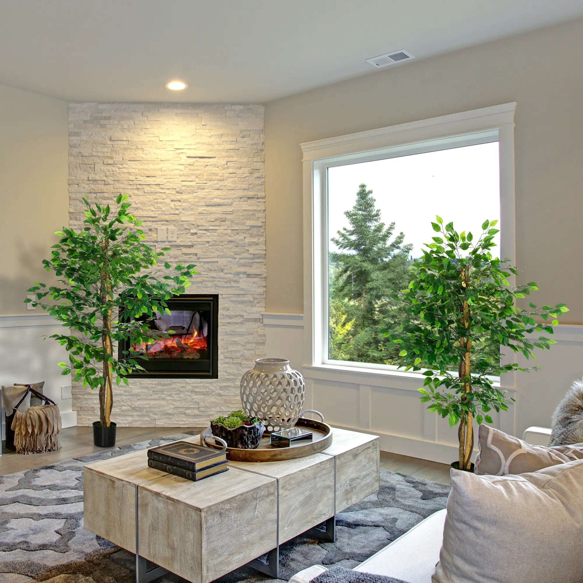 Set of 2 5ft Artificial Trees Ficus, Indoor Outdoor Fake Plants with Pot, for Home Decor Artificial Trees at Gallery Canada