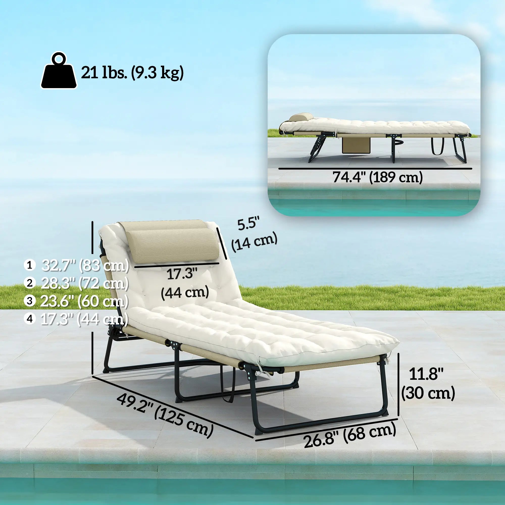 Folding Lounge Chair, 4-Level Reclining Back, Cushion, Beige Lounger Chairs at Gallery Canada