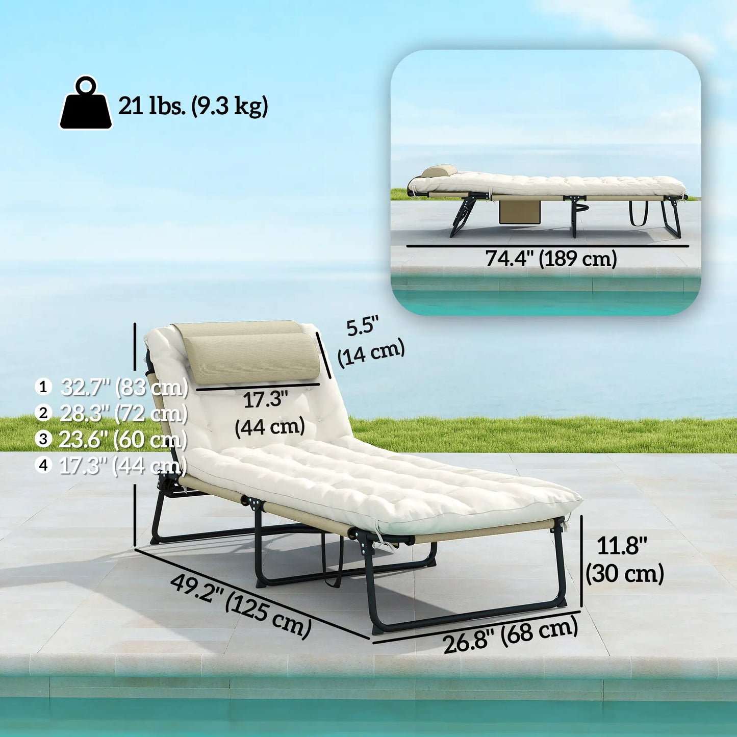 Folding Lounge Chair, 4-Level Reclining Back, Cushion, Beige Lounger Chairs at Gallery Canada
