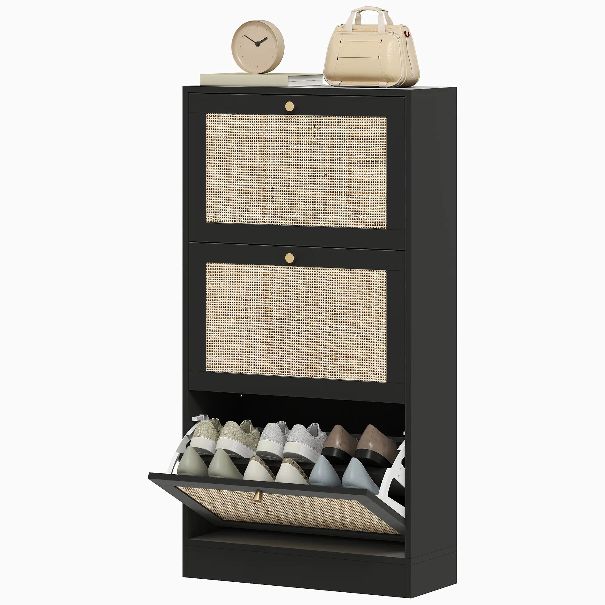 Rattan Shoe Storage Cabinet, 3 Flip Drawers, Adjustable Shelves, 18 Pairs, Black Shoe Storage Cabinets & Racks Black, Natural Wood at Gallery Canada