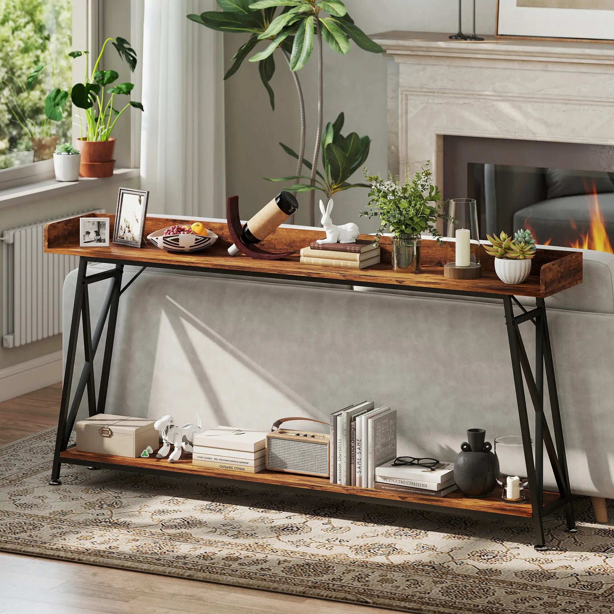71 Inch Extra Long Console Table with Storage Shelf, Rustic Brown Console Tables at Gallery Canada