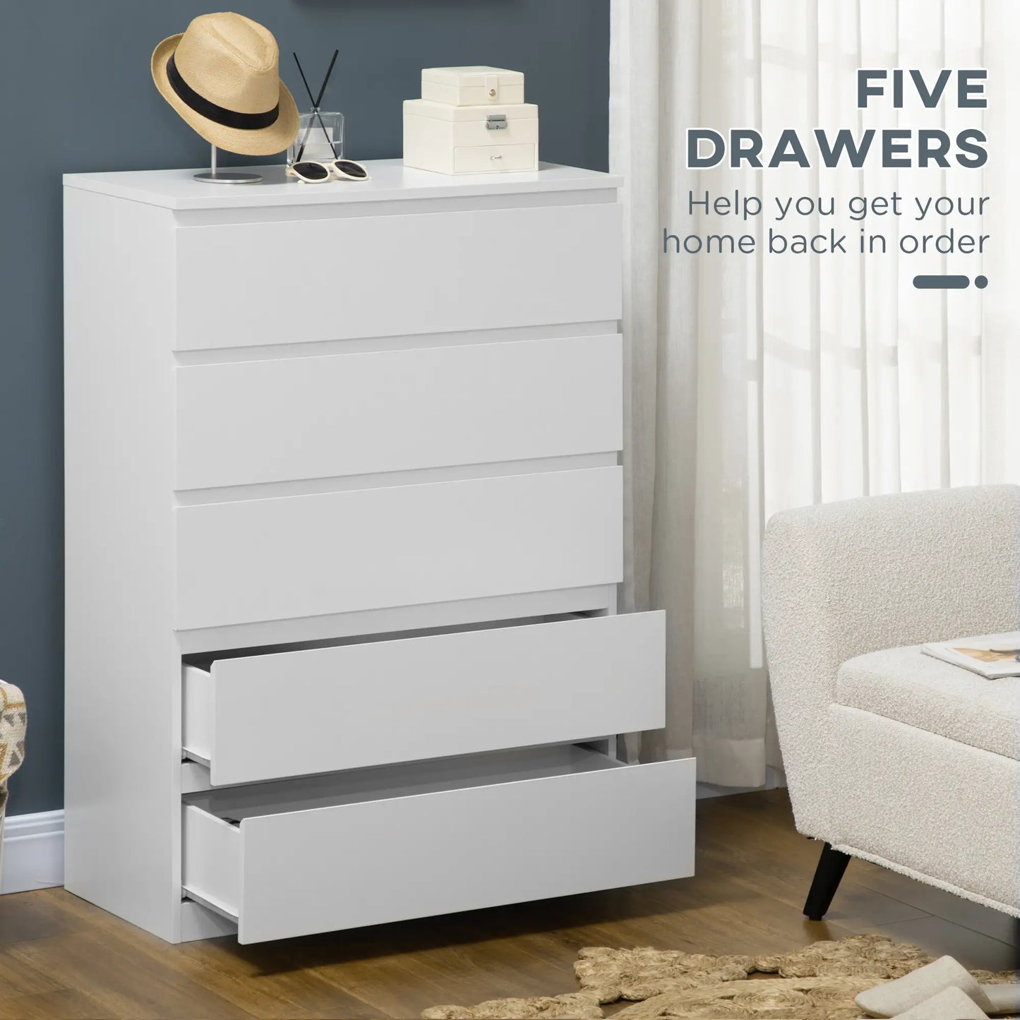 5 Drawer Chest, Dresser for Bedroom, Zinc Alloy Runners Storage Cabinets at Gallery Canada
