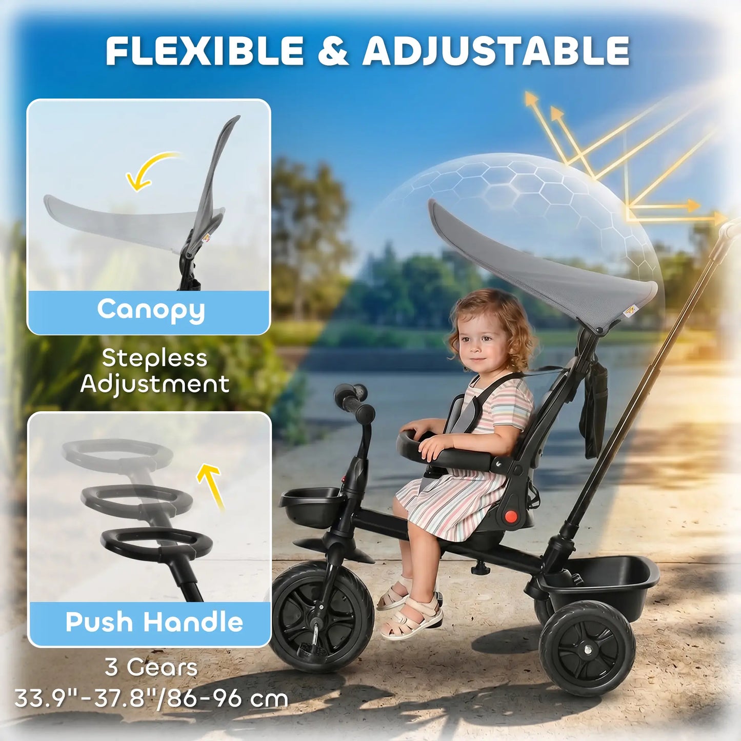 Kids Tricycle, 4 In 1 Trike, Adjustable Seat, Removable Canopy, Grey Tricycles for Kids at Gallery Canada