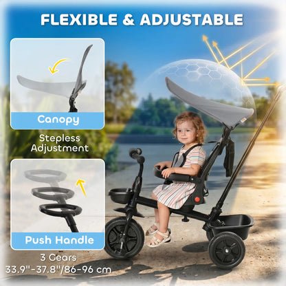 Kids Tricycle, 4 In 1 Trike, Adjustable Seat, Removable Canopy, Grey Tricycles for Kids at Gallery Canada