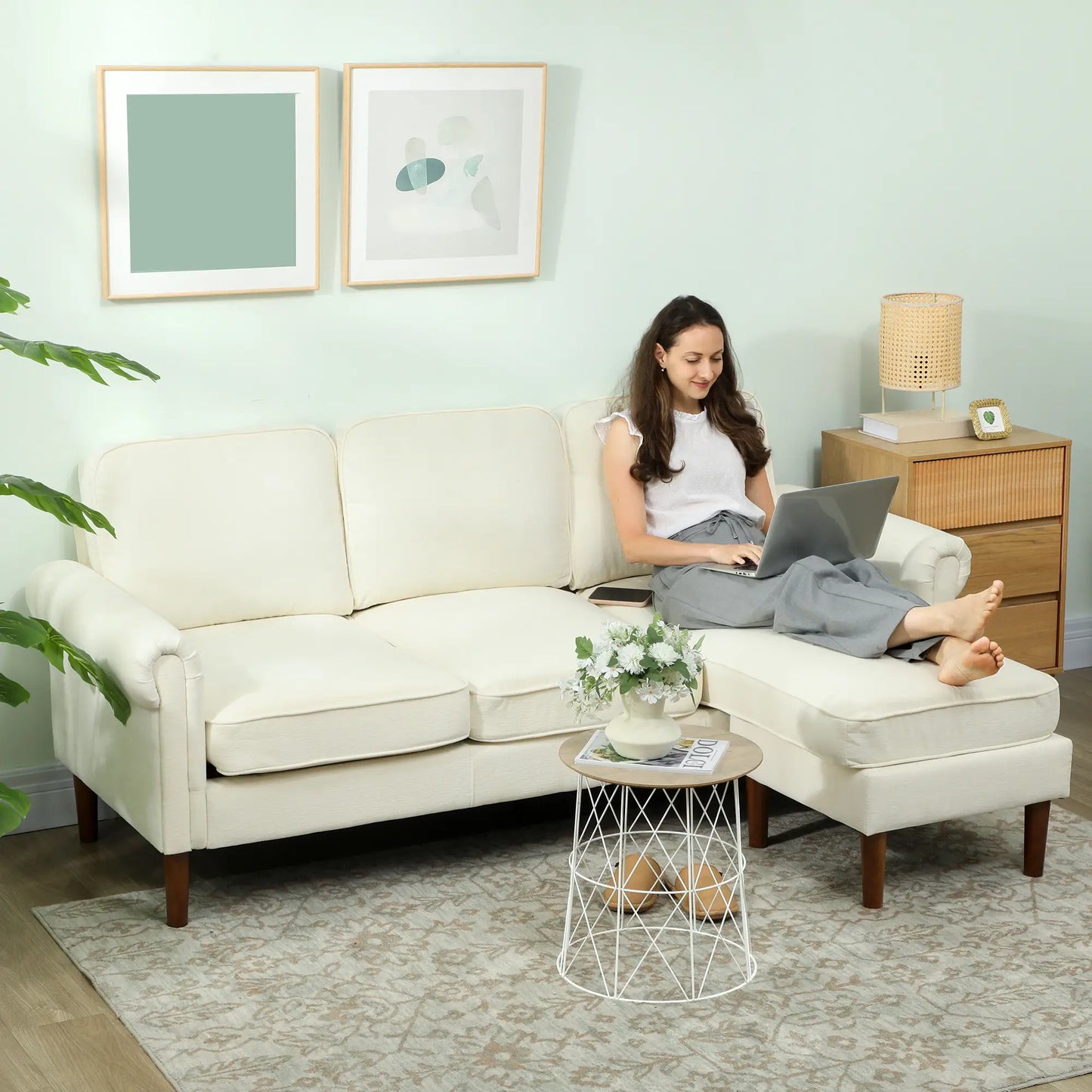 L Shape Sofa, Modern Sectional Couch, Changeable Chaise, Wooden Legs, Cream 3-Seater Sofas at Gallery Canada