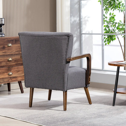 Accent Chair with Wooden Legs, Linen Fabric, Thick Padding, Dark Grey Accent Chairs at Gallery Canada
