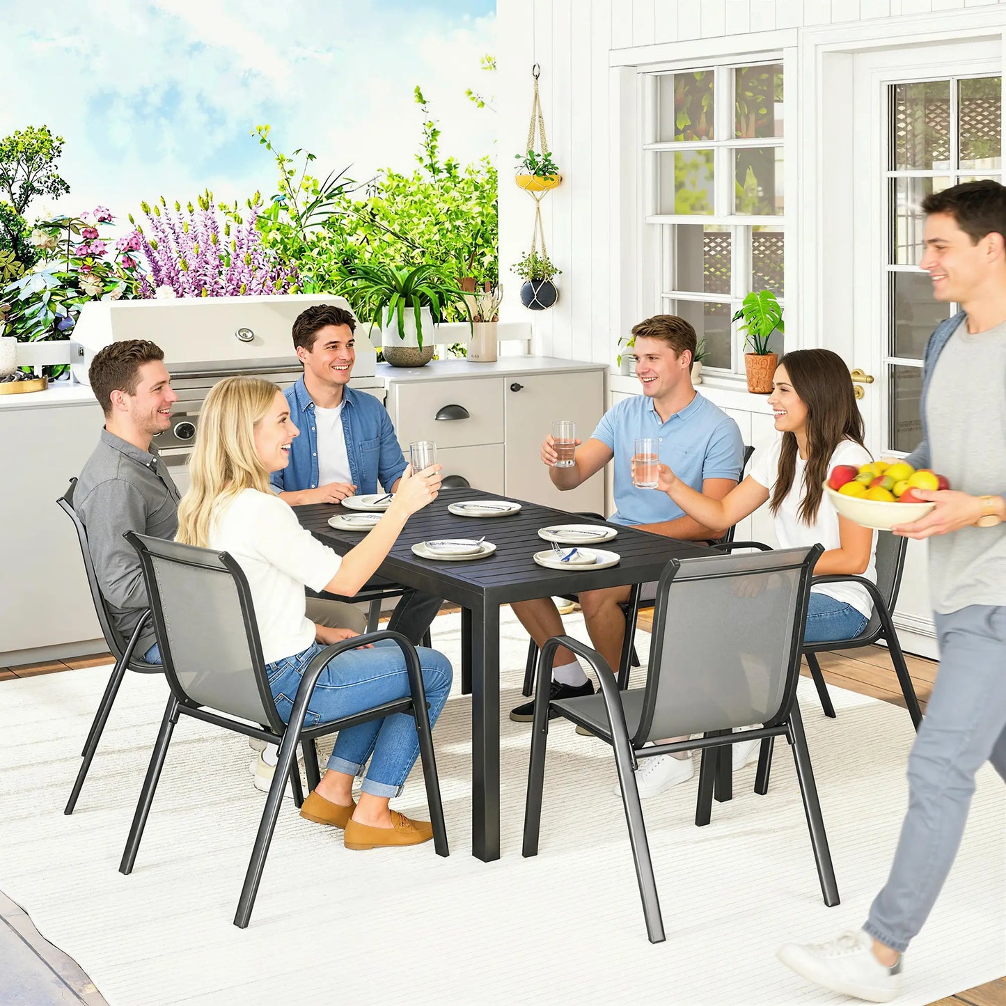 7-Piece Outdoor Dining Set, Rectangular Table, Stackable Chairs, Light Grey Outdoor Dining Sets at Gallery Canada