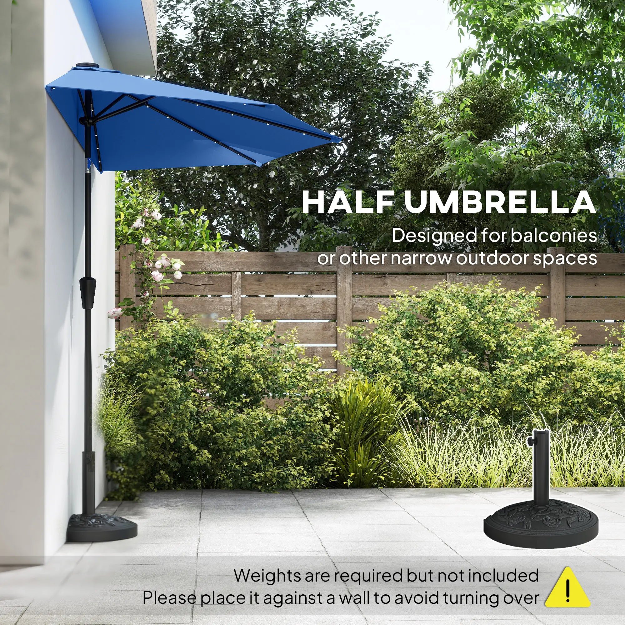 Half Patio Umbrella With Solar LED Lights, Crank, 105.1
