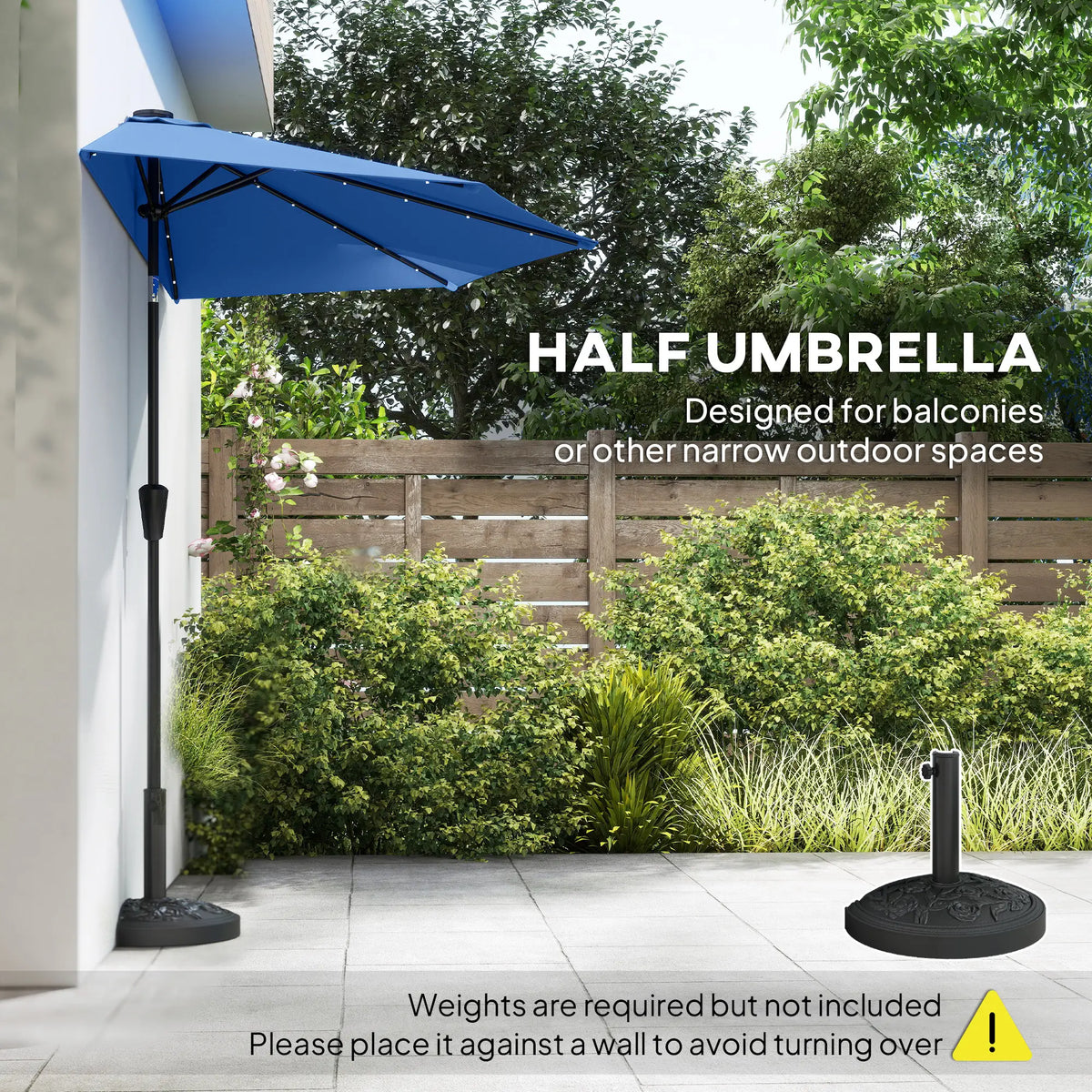 Half Patio Umbrella With Solar LED Lights, Crank, 105.1" x 53.5", Navy Blue Half Round Umbrellas at Gallery Canada