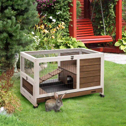 Wooden Indoor Rabbit Hutch, Elevated Bunny Cage with Wheels, Brown Rabbit Hutch at Gallery Canada
