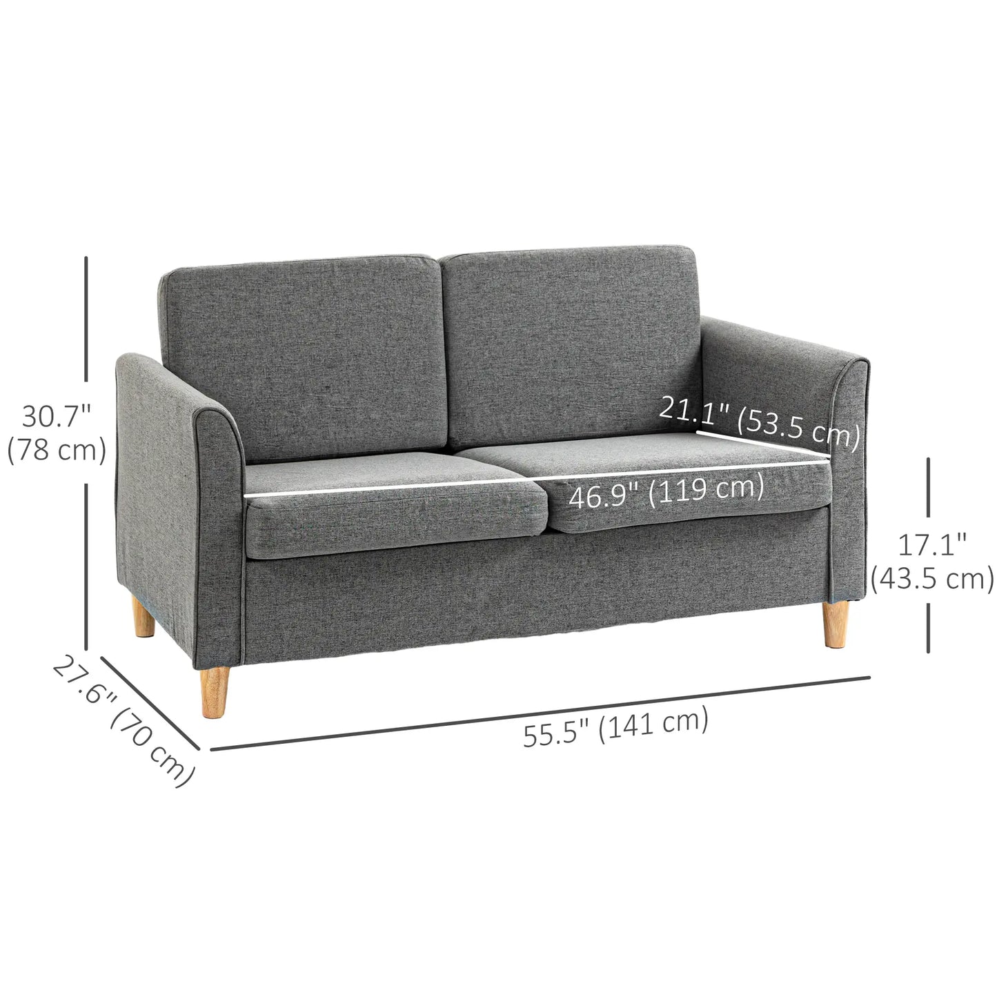 2-Seat Sofa with Armrests, Wood Legs, for Living Room, Grey 2-Seater Sofas at Gallery Canada