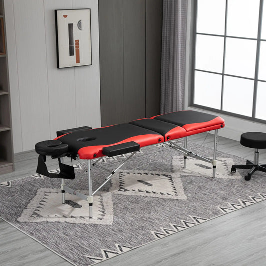 85" Foldable Massage Table, 3 Section, Salon Spa Facial Couch Bed, Black/Red Portable Massage Tables Red and Black at Gallery Canada