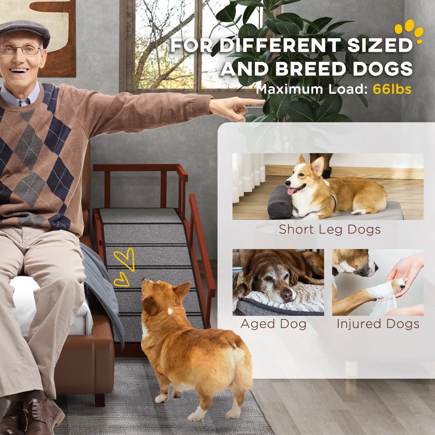 Wooden Dog Ramp, 49" Long, Non-Slip Rug, Removable Guardrails, Brown Dog Stairs at Gallery Canada