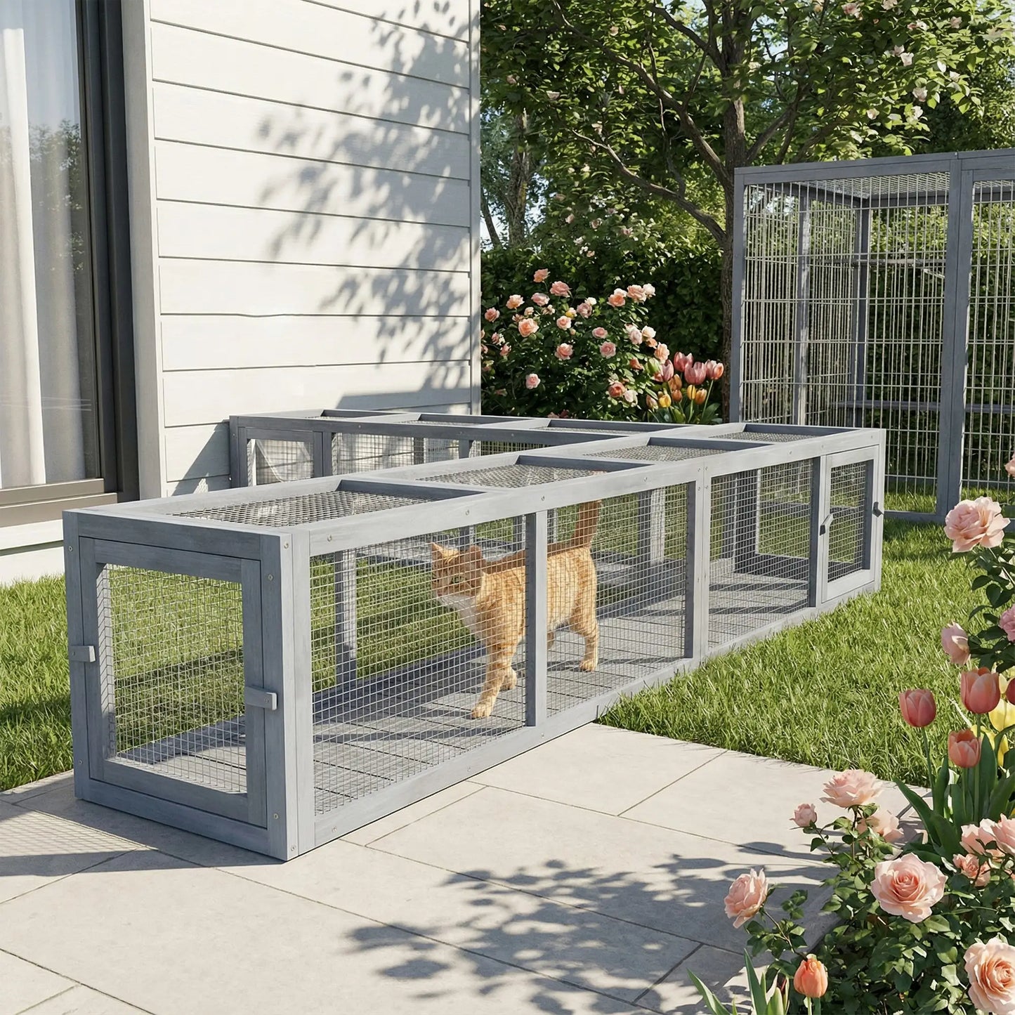 79" Long Cat Tunnel, L-Shape, Extendable, Removable Door, Dark Grey Outdoor Cat Enclosures at Gallery Canada