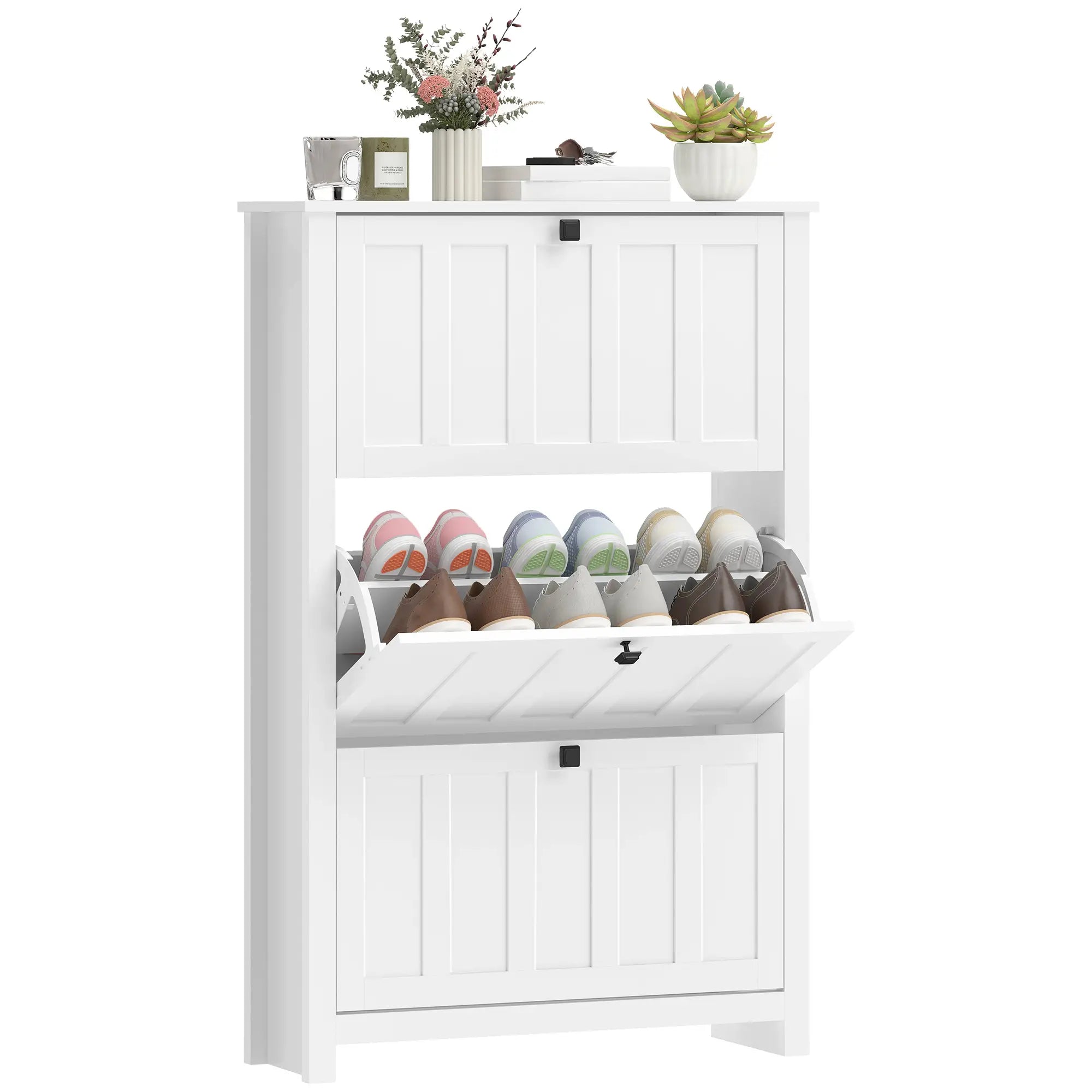 Slim Shoe Cabinet, 3 Flip Drawers, Adjustable Shelves, Holds 18 Pairs, White Shoe Storage Cabinets & Racks at Gallery Canada