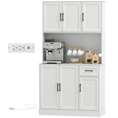 71 Inch Pantry Cabinet with Charging Station, Microwave Stand, Adjustable Shelves, White Kitchen Pantry Cabinets White at Gallery Canada
