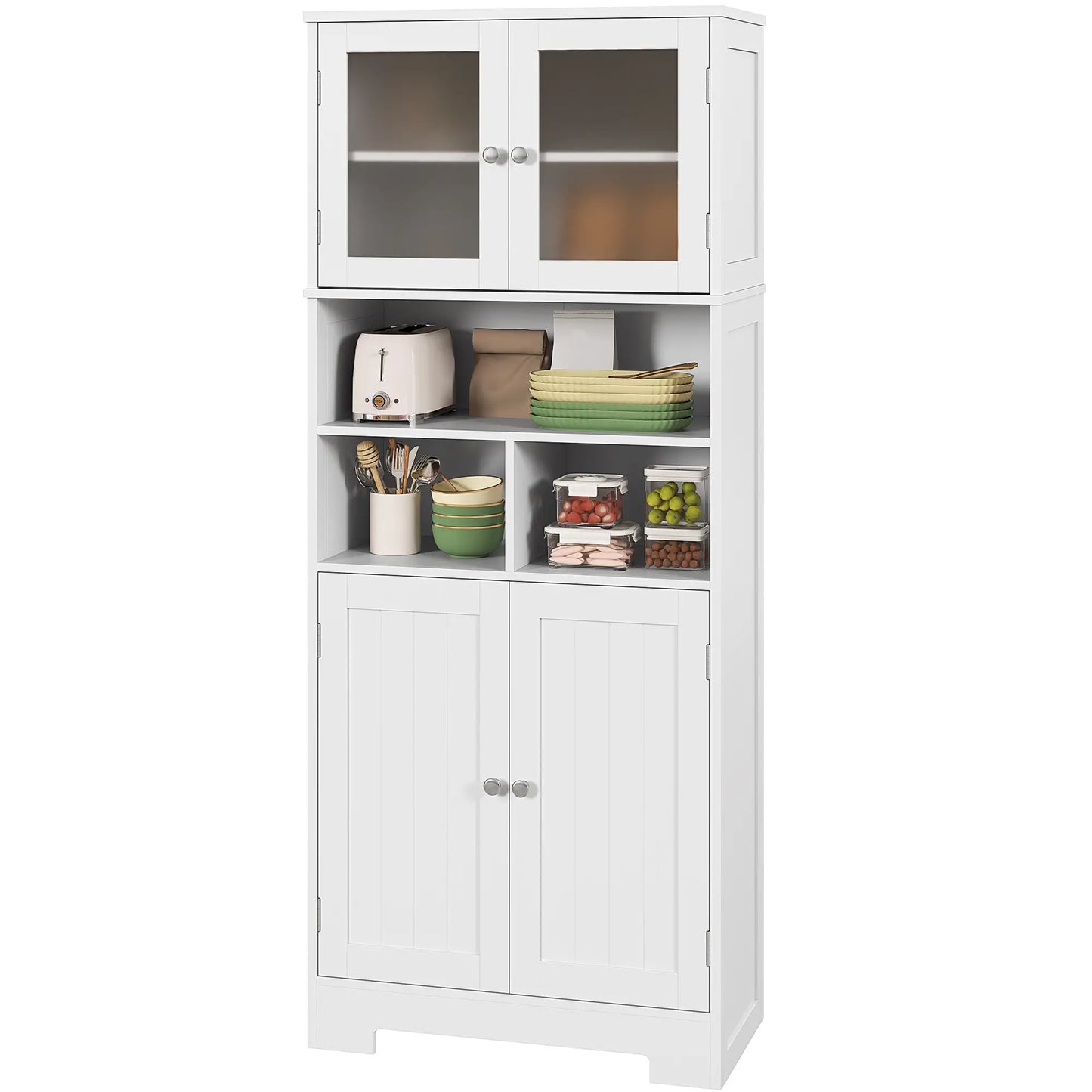 57" Kitchen Pantry, Freestanding Cabinet, Glass Doors, Adjustable Shelves, White Kitchen Pantry Cabinets White at Gallery Canada