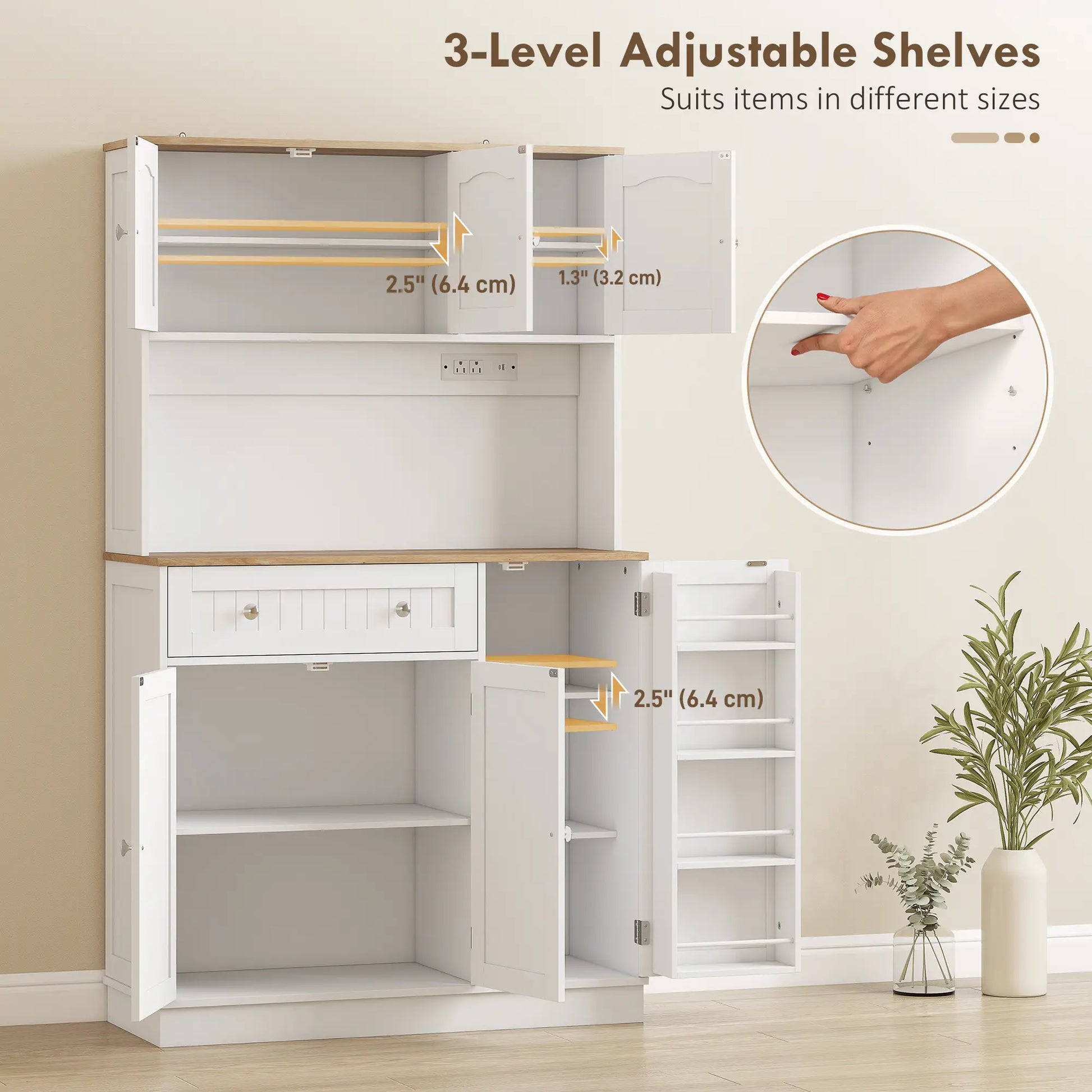 68 Inch Pantry Cabinet with Charging Station, Microwave Stand, 4 Door Racks, White Kitchen Pantry Cabinets at Gallery Canada