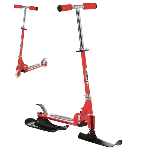 Snow Scooter, Adjustable Height, Kids Sled Ski Scooter with Wheels Blades, Red