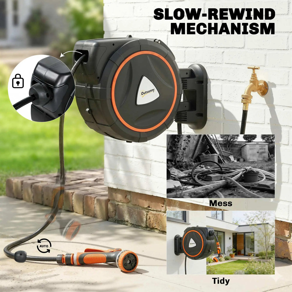 Retractable Garden Hose Reel, 1/2" x 92ft Wall Mounted Hose Reel with 12-Pattern Nozzles, Auto Retraction, Self-Locking Garden Accessories at Gallery Canada