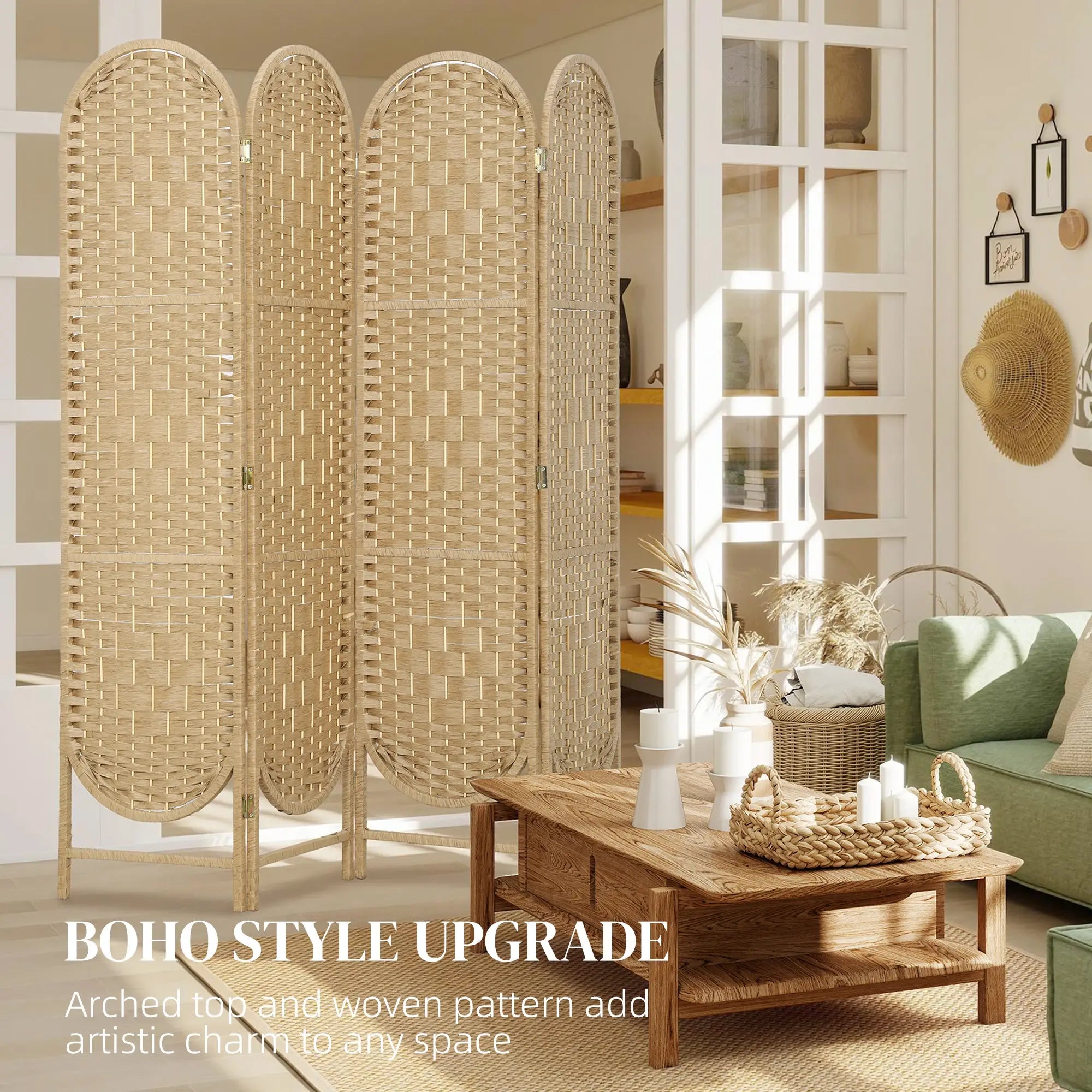 Bohemian Privacy Screen, 4 Panel Folding Room Divider, Arched Top, Natural Wood Room Dividers at Gallery Canada