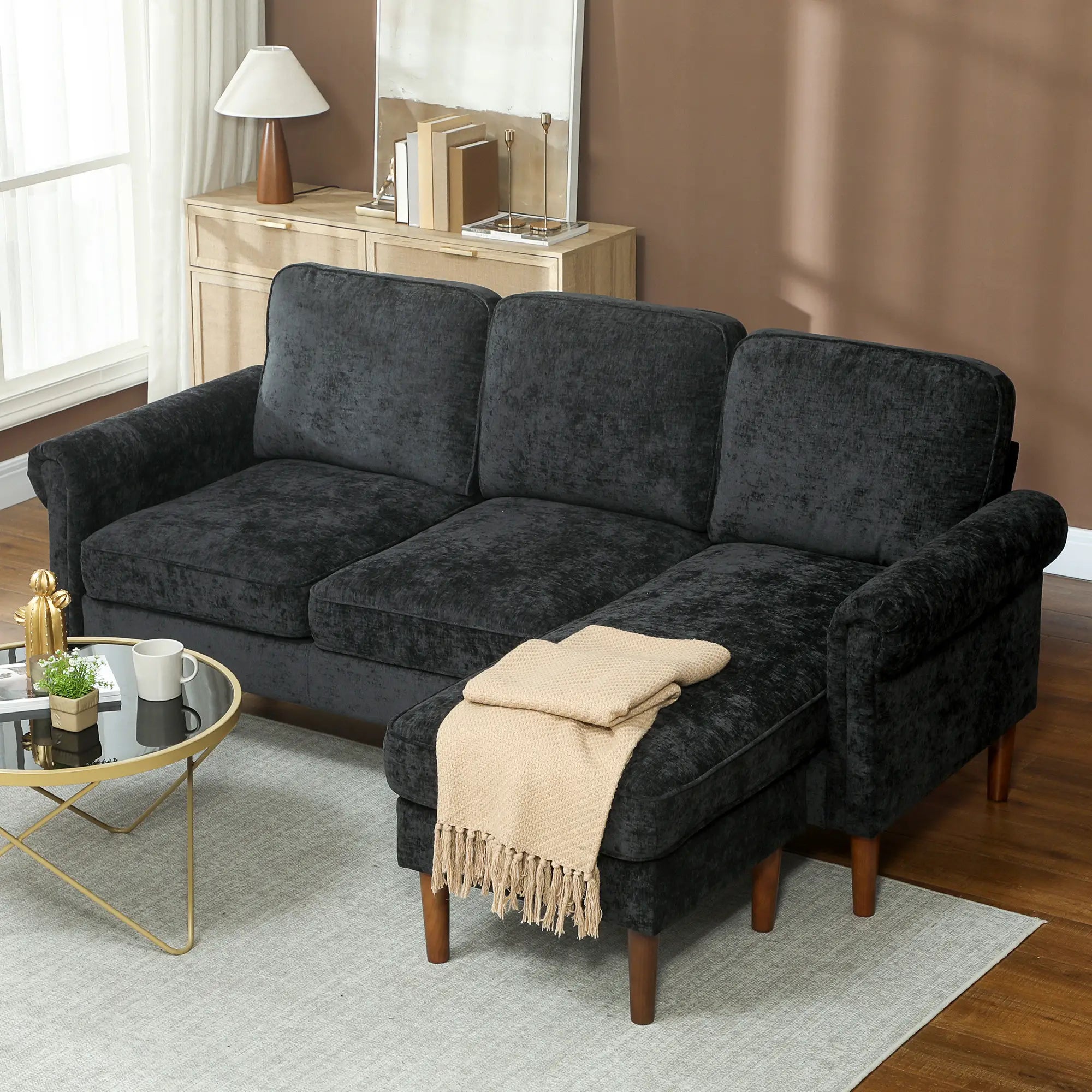 L Shape Sofa, Modern Sectional Couch, Chaise Lounge, Wooden Legs, Black 3-Seater Sofas at Gallery Canada