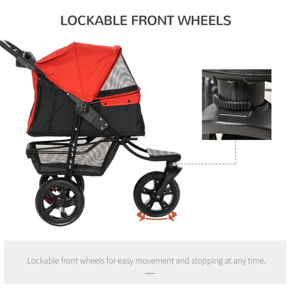 3 Wheel Folding Dog Stroller, Jogger Travel Carrier with Adjustable Canopy, Storage Brake, Mesh Window for S&;M Dogs, Red at Gallery Canada