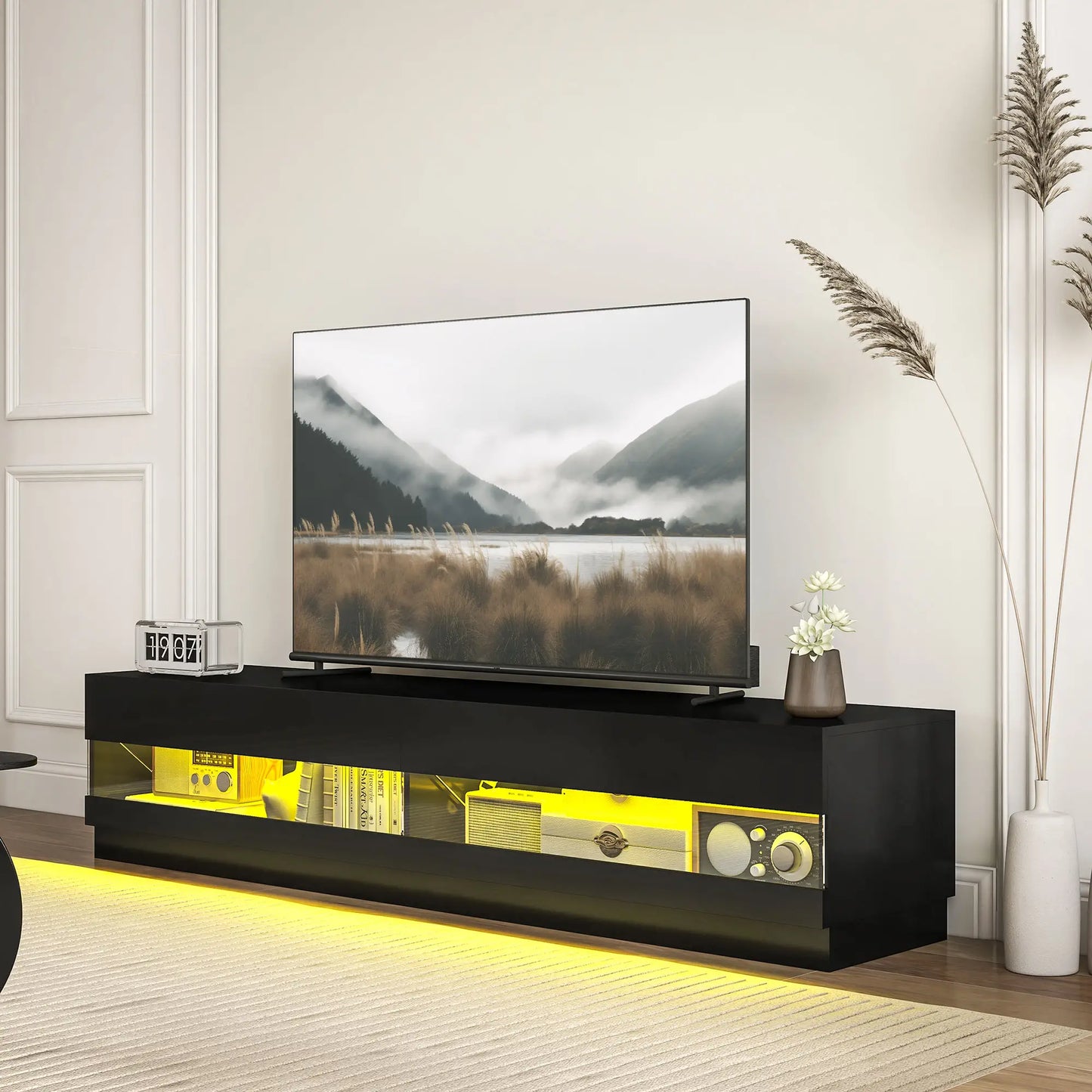 Lighted TV Stand for 75" TVs, TV Cabinet with Storage, High Gloss, Black TV Stands at Gallery Canada
