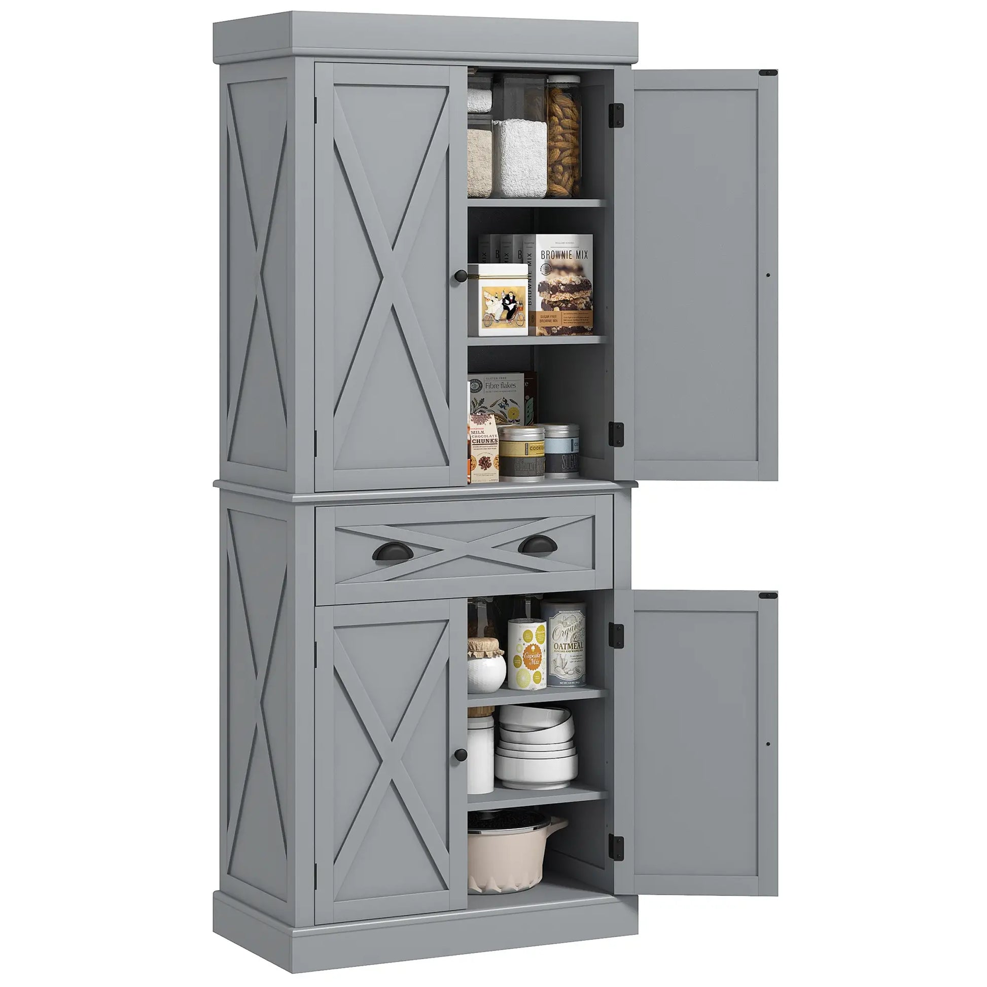 72.5" Kitchen Pantry Cabinet, 4 Doors, Drawer, Adjustable Shelves, Grey Kitchen Pantry Cabinets at Gallery Canada
