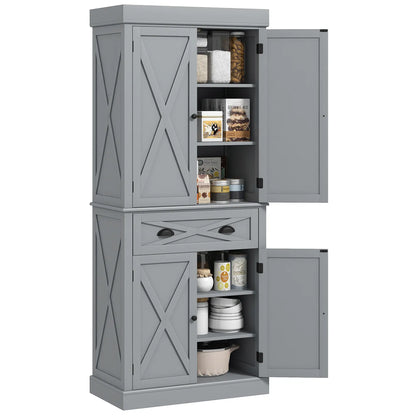72.5" Kitchen Pantry Cabinet, 4 Doors, Drawer, Adjustable Shelves, Grey Kitchen Pantry Cabinets at Gallery Canada