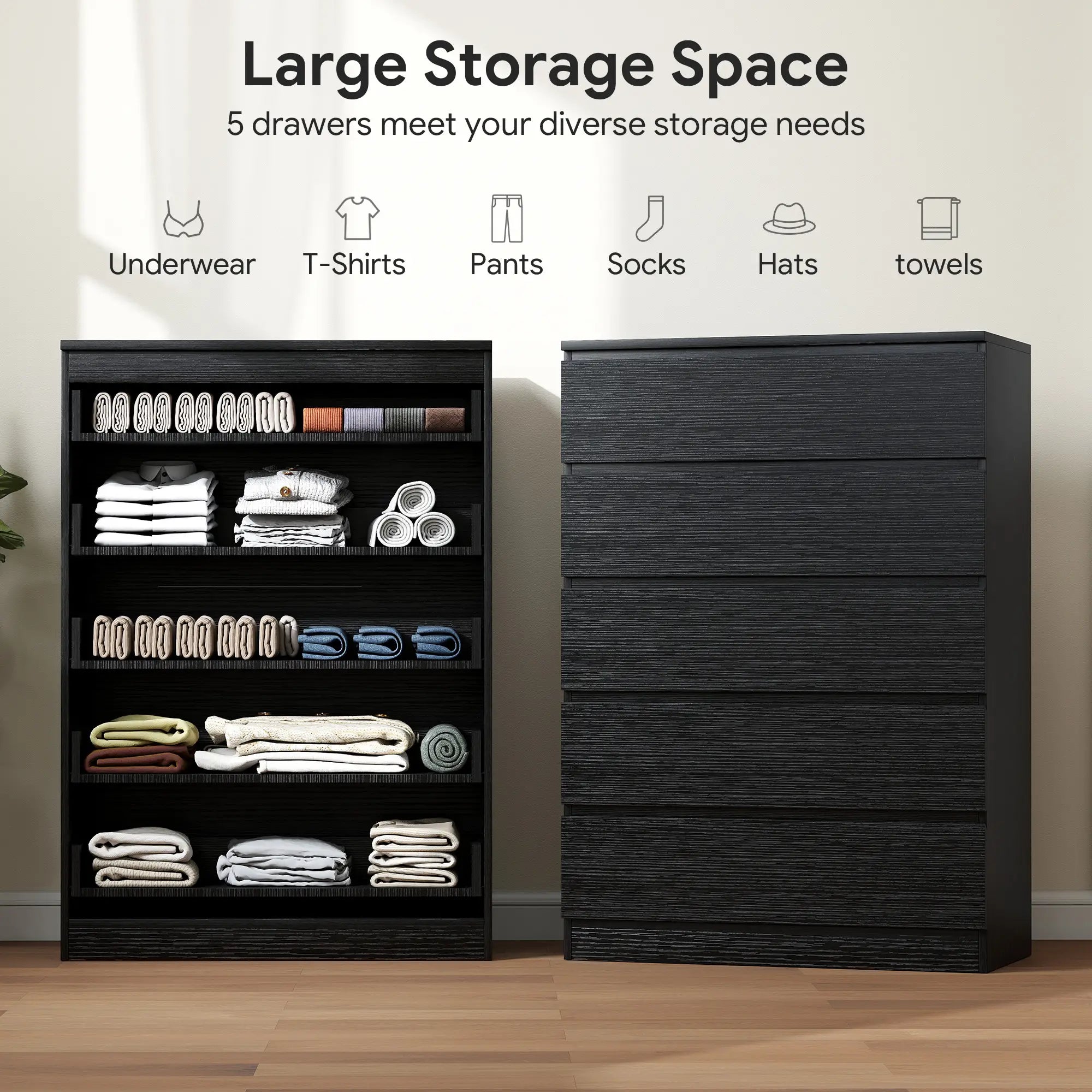 5 Drawer Dresser, Modern Chest for Bedroom, Black Storage Cabinets at Gallery Canada