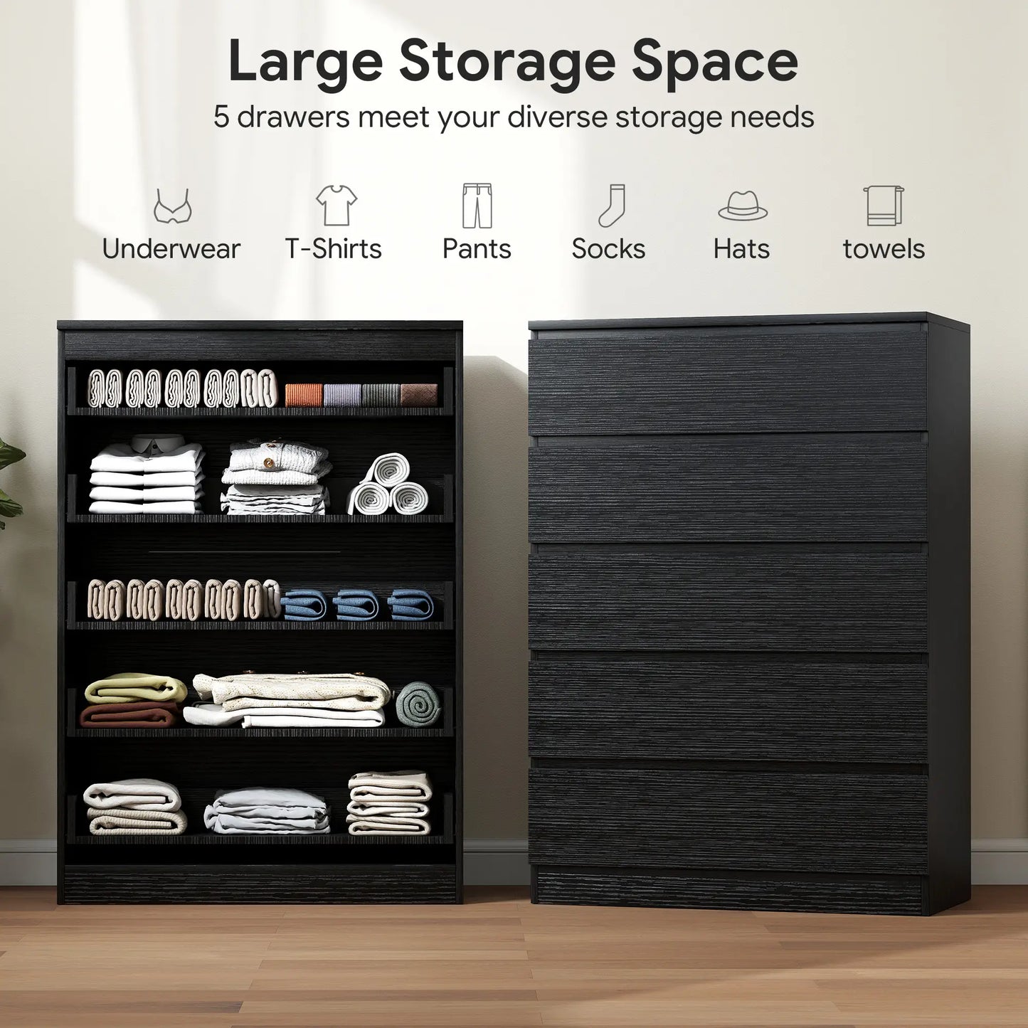 5 Drawer Dresser, Modern Chest for Bedroom, Black Storage Cabinets at Gallery Canada