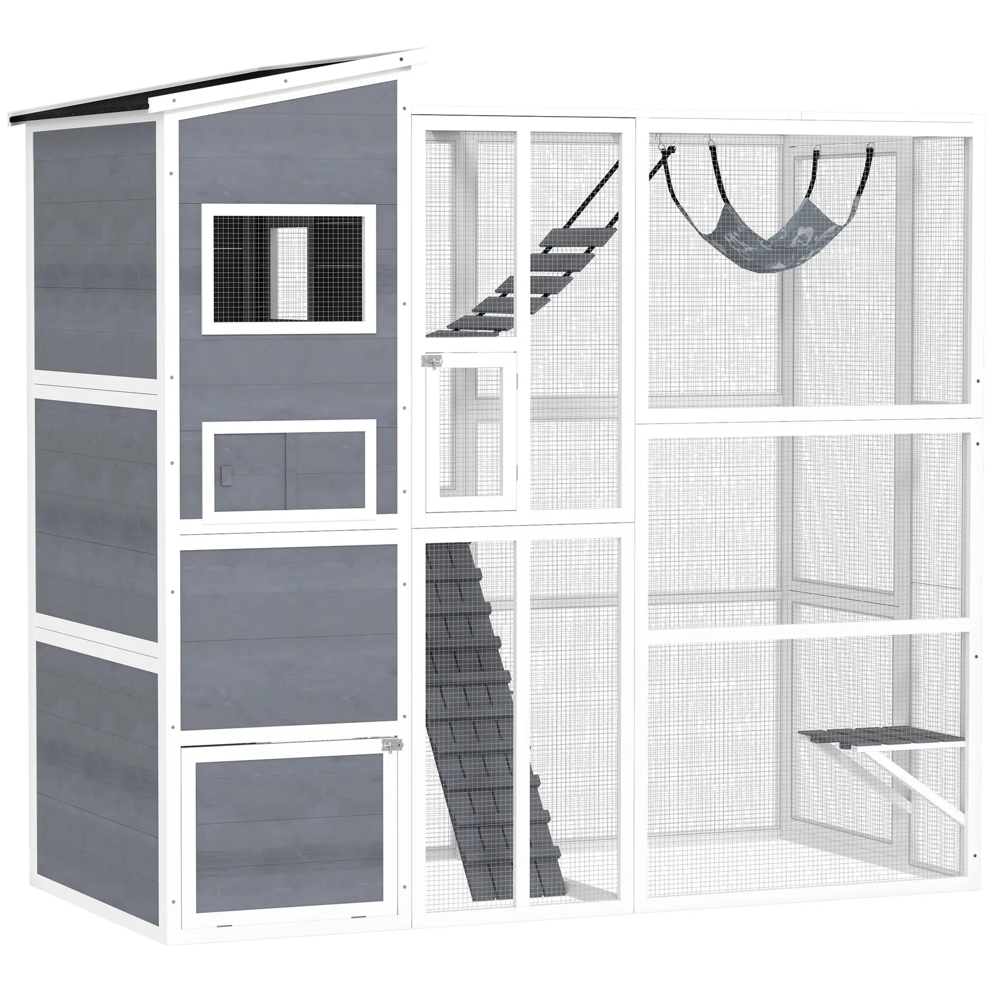 76" Catio Outdoor Cat Enclosure with Condo, Platforms, Grey Outdoor Cat Enclosures Grey at Gallery Canada