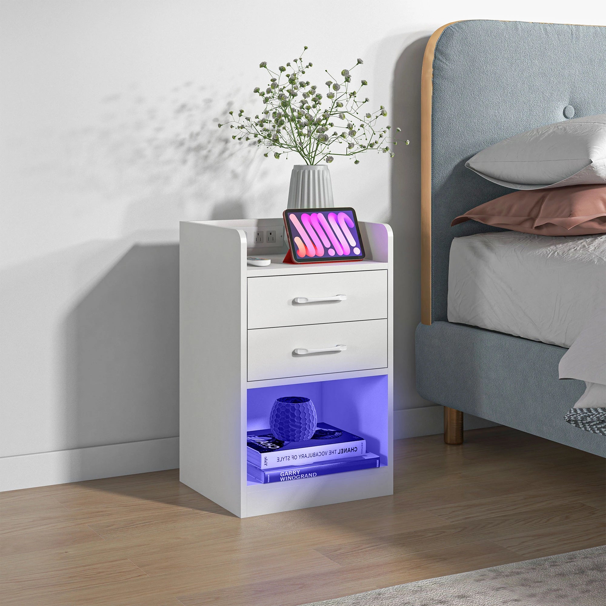 Tall Nightstand with Charging Station and LED Lights, Small Bedside Table with AC Outlets, USB Ports, 2 Drawers, Shelf Bedside Tables at Gallery Canada