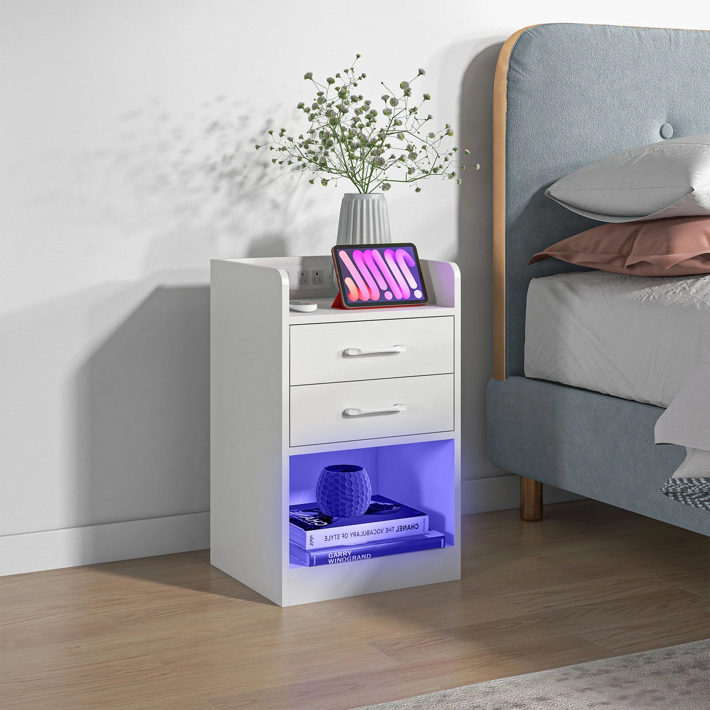 Tall Nightstand with Charging Station and LED Lights, Small Bedside Table with AC Outlets, USB Ports, 2 Drawers, Shelf Bedside Tables at Gallery Canada