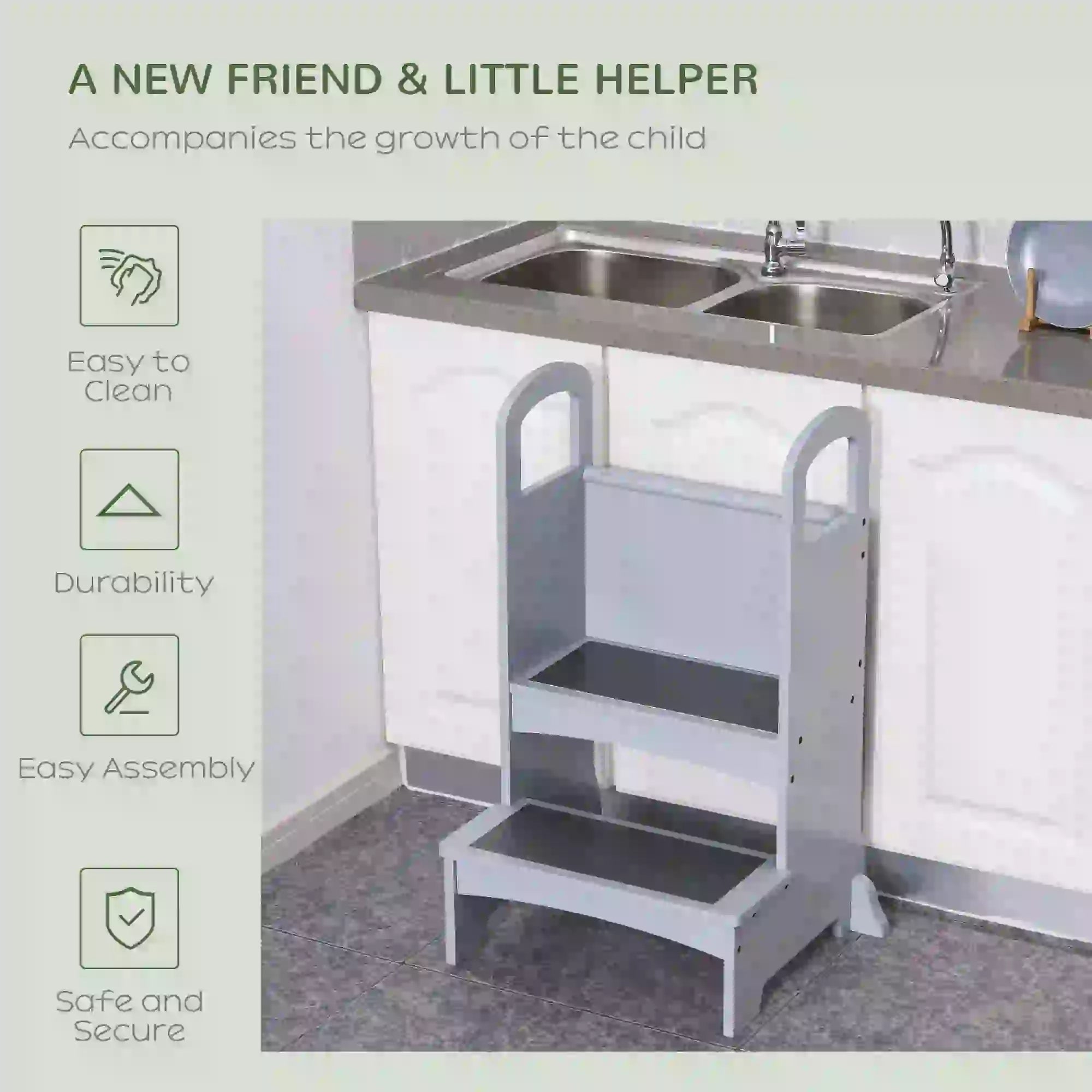 2 Step Stool with Support Handles, Non-Slip Pad, Grey Toddler & Kids Step Stools at Gallery Canada