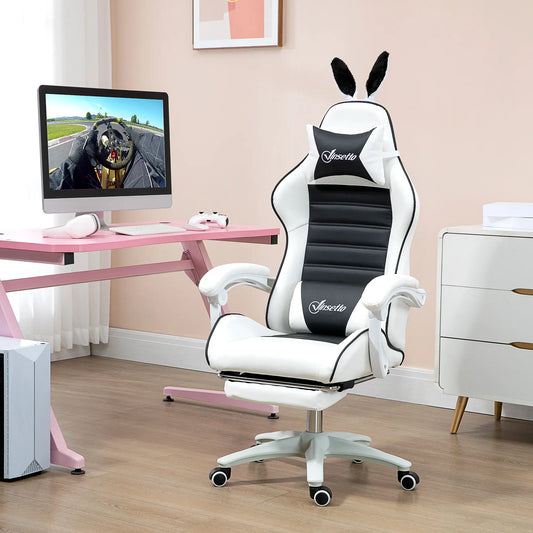 Racing Gamer Chair, PU Leather with Footrest, Headrest, Lumbar Support, Black Video Game Chairs Black, White at Gallery Canada