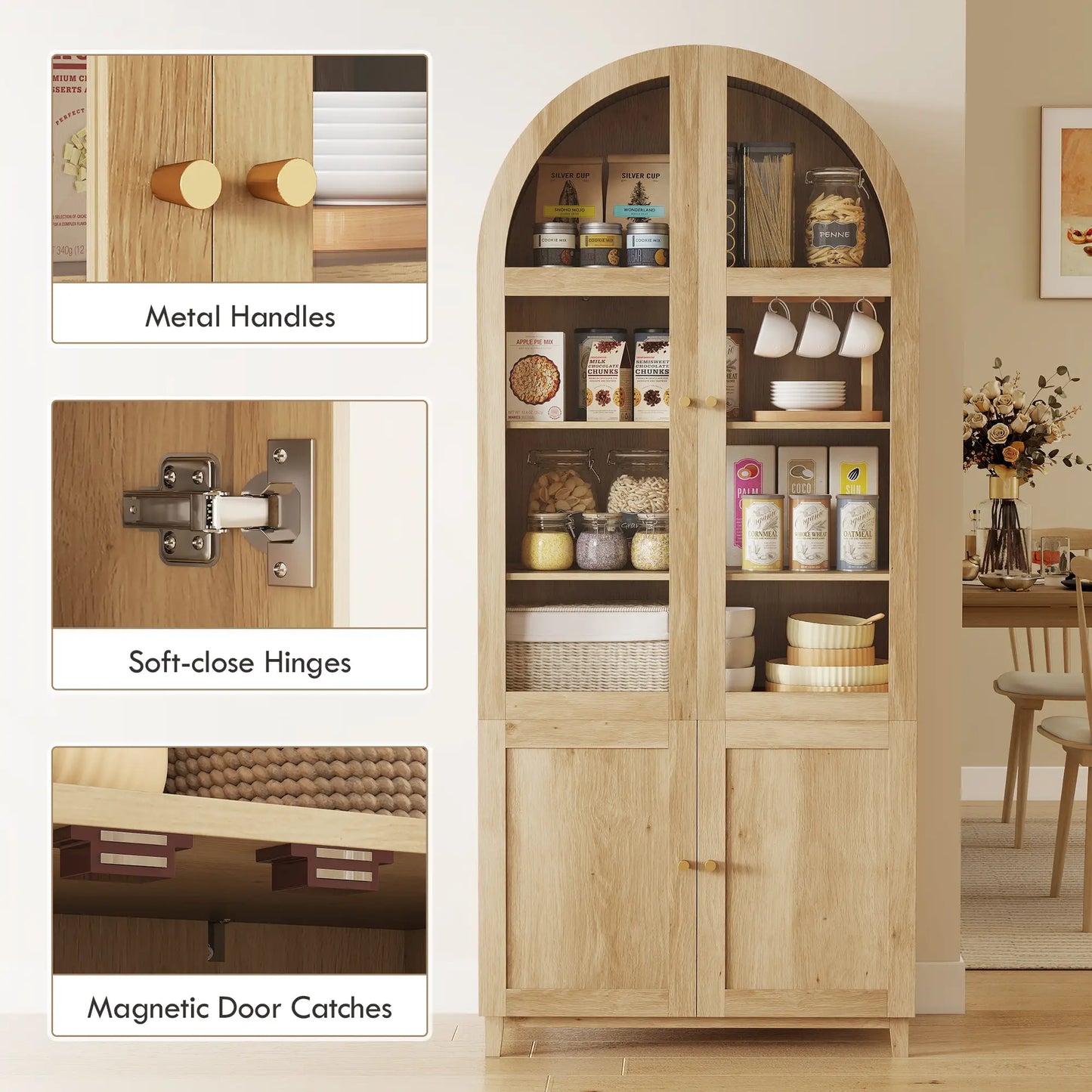 71" Tall Arched Kitchen Pantry Cabinet, Adjustable Shelves, Acrylic Doors, Oak Kitchen Pantry Cabinets at Gallery Canada