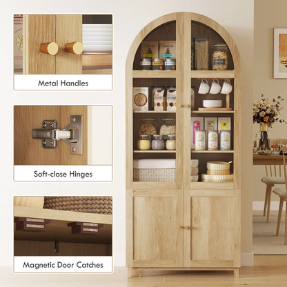 71" Tall Arched Kitchen Pantry Cabinet, Adjustable Shelves, Acrylic Doors, Oak Kitchen Pantry Cabinets at Gallery Canada