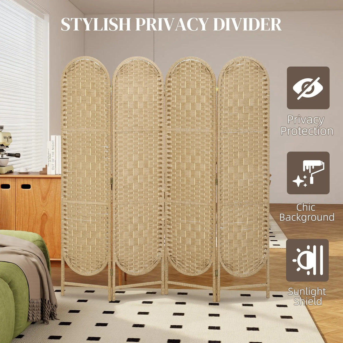 Bohemian Privacy Screen, 4 Panel Folding Room Divider, Arched Top, Natural Wood Room Dividers at Gallery Canada