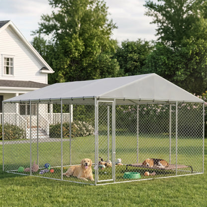 13,1' X 13,1' X 6,6' Chenil extérieur pour chien, acier galvanisé, argent