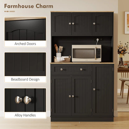 68" Pantry Cabinet with Charging Station, Microwave Stand, 4 Door Racks, Black Kitchen Pantry Cabinets at Gallery Canada