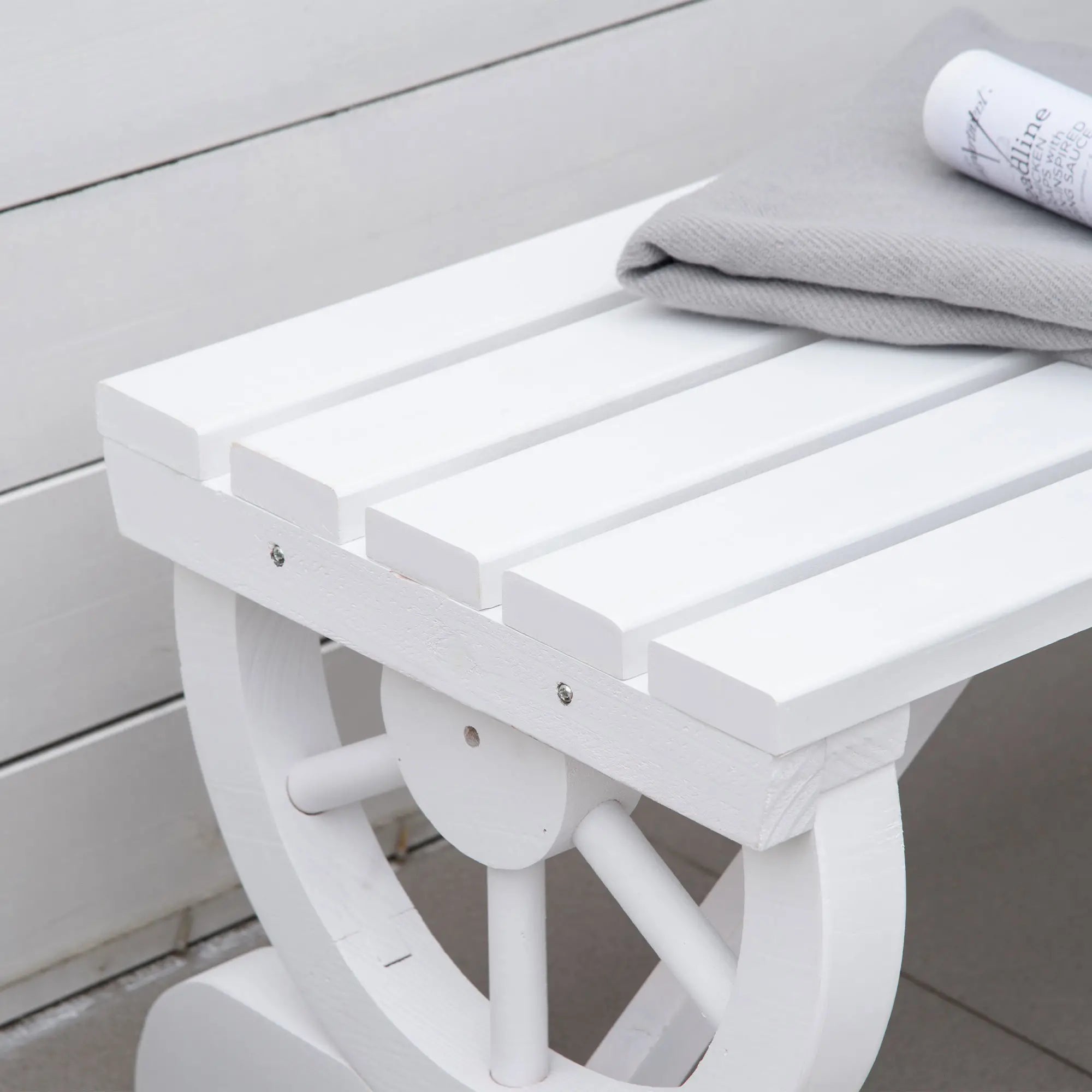 Rustic Wood Wheel Outdoor Garden Bench, 2-Person, White Outdoor Benches at Gallery Canada