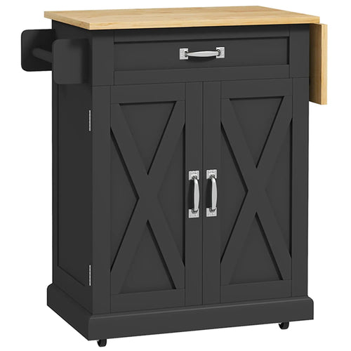 Foldable Kitchen Island With Storage Drawer, Farmhouse Rolling Cart, Black