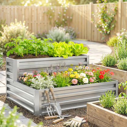 2 Tier Galvanized Raised Garden Bed, Steel Planter Box, 47" x 40" x 23", Silver Galvanized Planter Boxes at Gallery Canada
